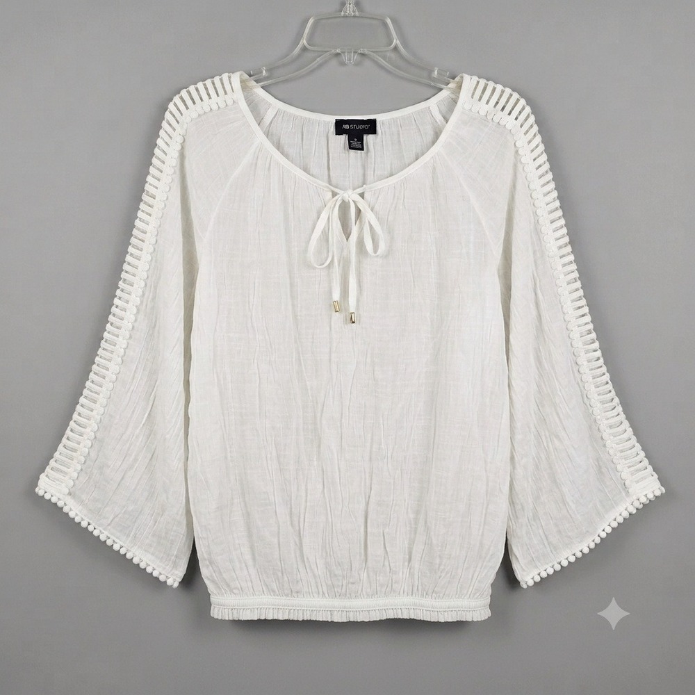 AB Studio Blouse Womens Large White Crinkle Peasant Blouse Lace Trim Bell Sleeve